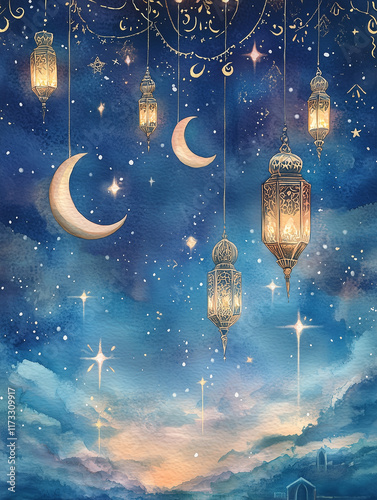 Watercolor illustration of lanterns and moons in night sky