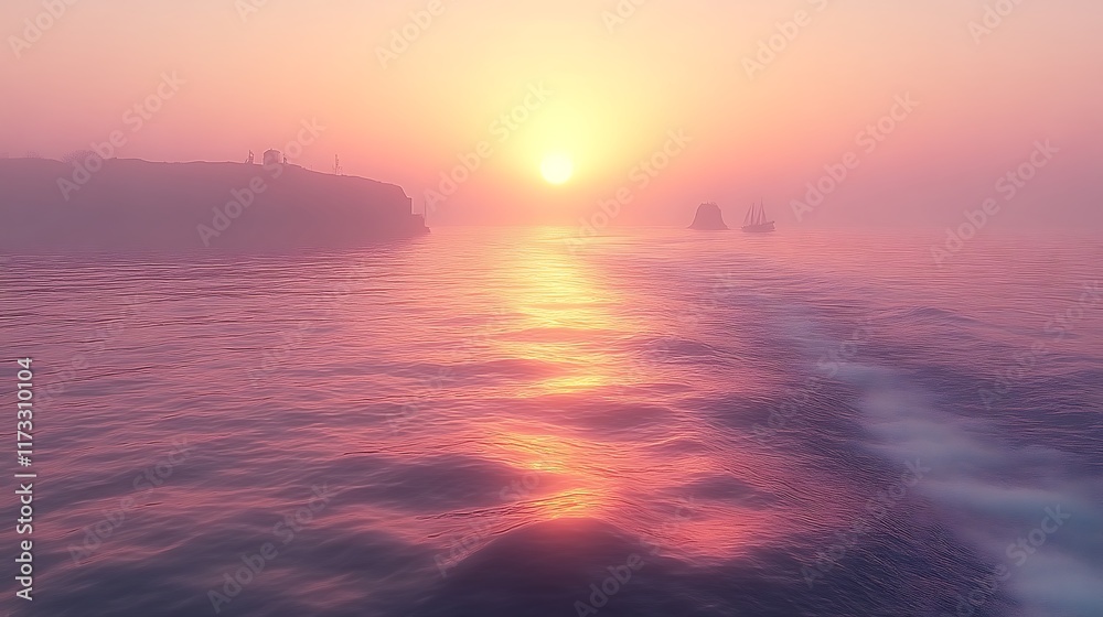 Fototapeta premium Misty sunrise over calm ocean with distant cliffs and ships.