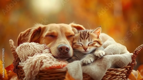 Autumnal Snuggles: A Dog and Kitten's Peaceful Nap in a Basket photo