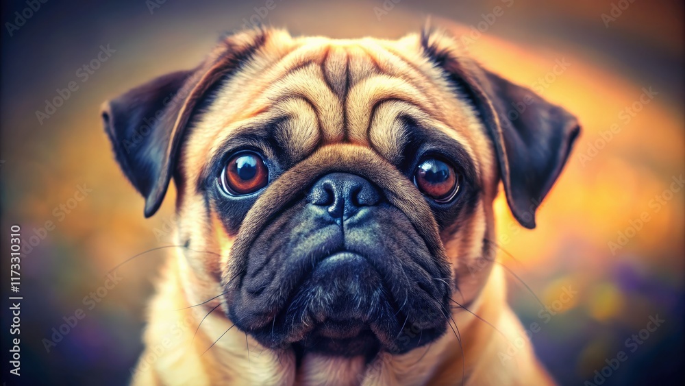 Obraz premium A charming tilt-shift close-up reveals a hilariously cute pug's adorable face.
