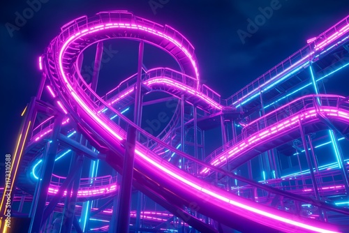 Neon-lit roller coaster at night, vibrant pink and blue lights.