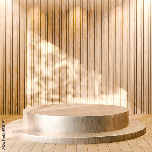 A two-tiered circular wooden platform is shown against a wooden wall. Sunlight and shadows create a blurred pattern on the background. The scene has a warm, natural, and minimalist aesthetic.