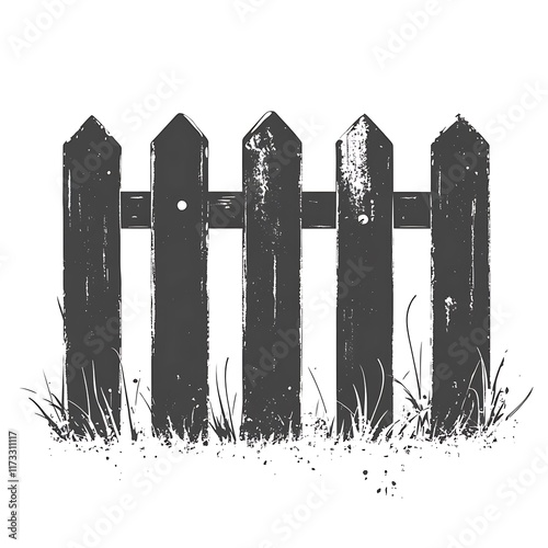 Black sketched wooden fence with weeds below on white.