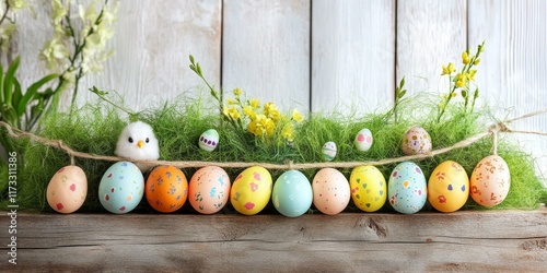 Colorful Easter Eggs Decorated on Wooden Table