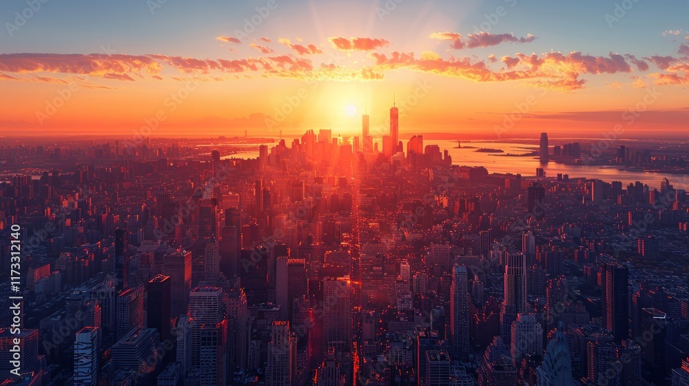Fototapeta premium Sunrise over a city skyline with skyscrapers and a river in the distance. AI generative. .
