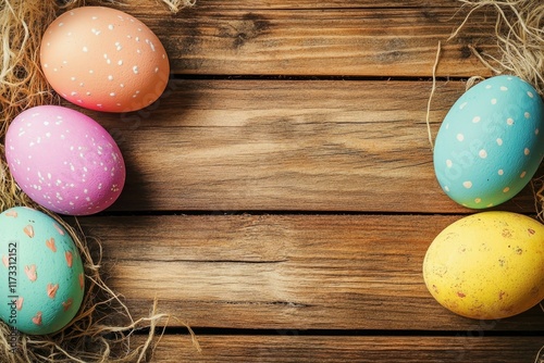 Colorful Easter Eggs on Wooden Background