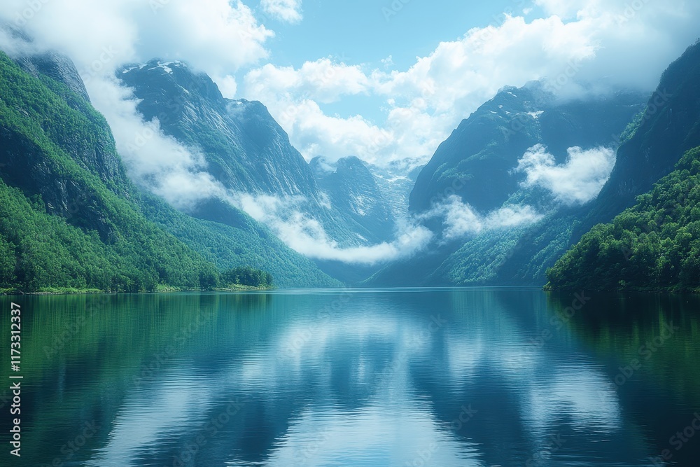 Tranquil lake reflecting majestic mountains under bright blue sky in Norway Tranquil lake reflecting majestic mountains under bright blue sky in Norway