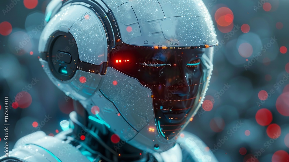 Closeup of a futuristic helmet with a glowing visor and red lights, set against a blurred background with bokeh. AI generative. . Closeup of a futuristic helmet with a glowing visor and red lights, set against a blurred background with bokeh. AI generative. .