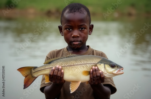 Dark-skinned African boy shows freshly caught fish while standing by a lake . Food extraction concept