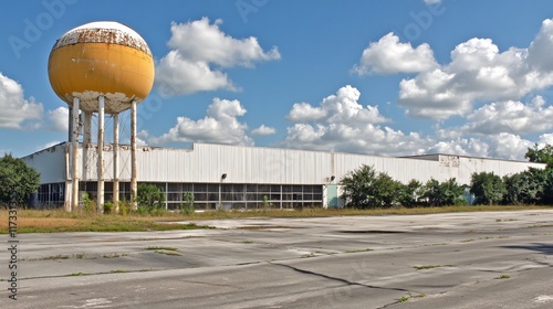 Abandoned Factory Building with Spherical Water Tower under Cloudy Sky