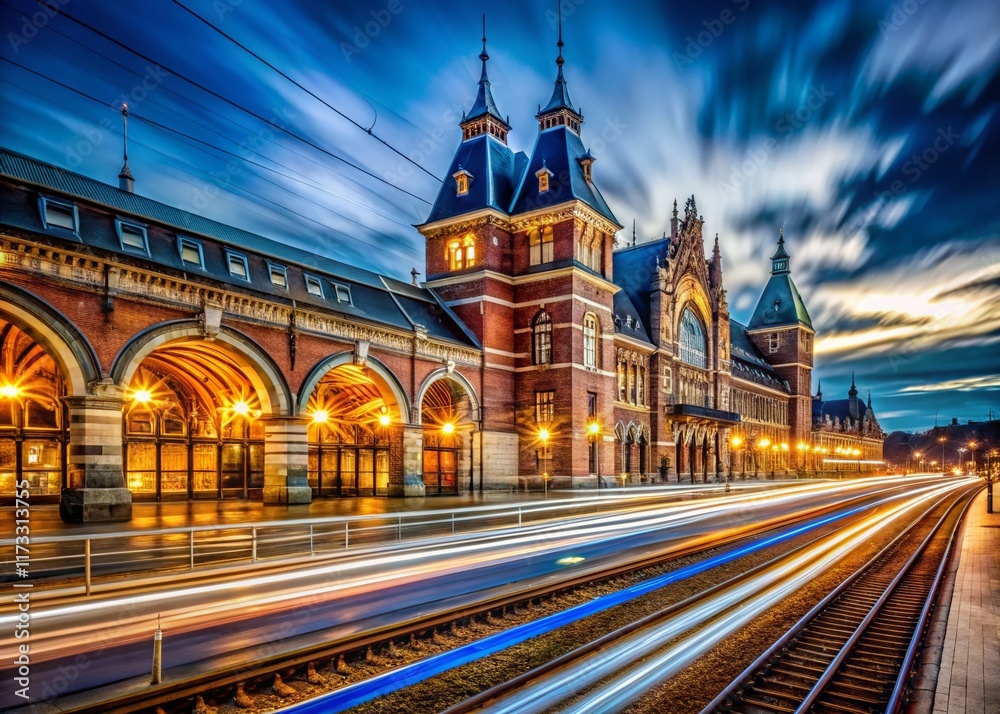 Obraz premium Long Exposure of Majestic Railway Station at Night, Architectural Details Illuminated