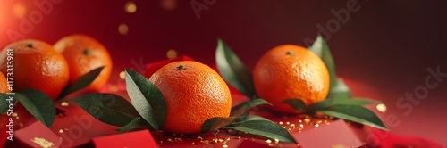 Tangerines with green leaves are carefully placed on a vibrant red background. Banner with copy space