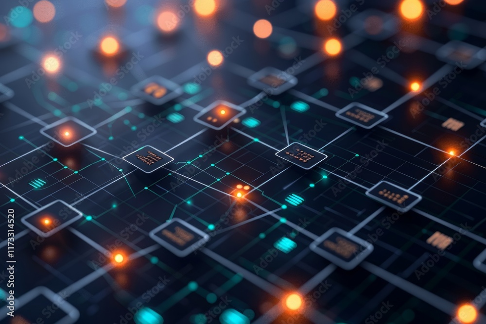 A grid of connected squares with glowing dots and lines. AI generative. . A grid of connected squares with glowing dots and lines. AI generative. .
