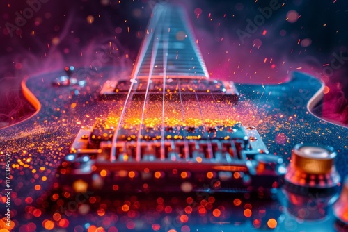 Close up of a electric guitar neck with blurred colorful bokeh lights and sparks. AI generative. .