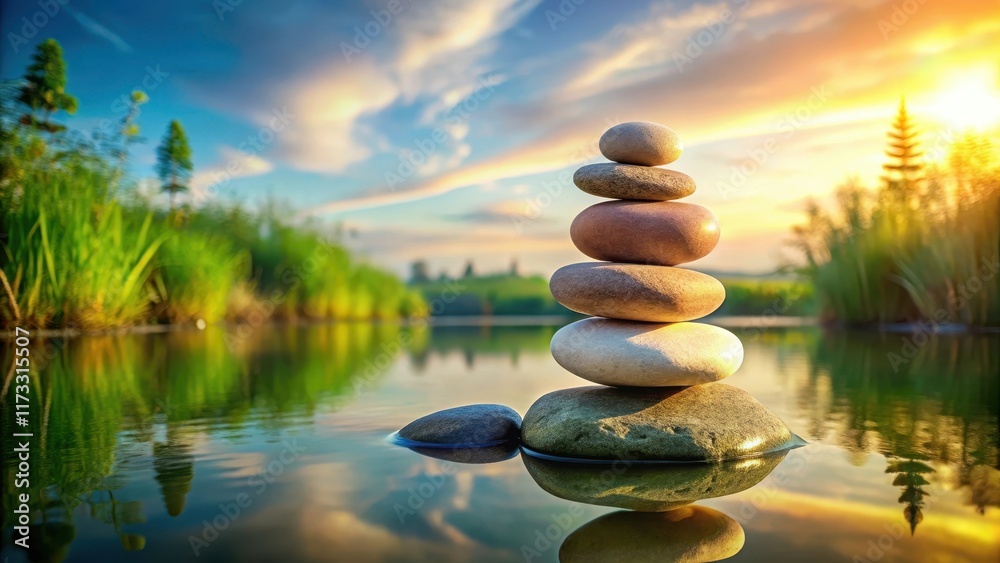 Obraz premium Soothing nature scene with Zen balanced stones stack, nature, earthy, nature, earthy, peaceful,calm, equilibrium, serenity