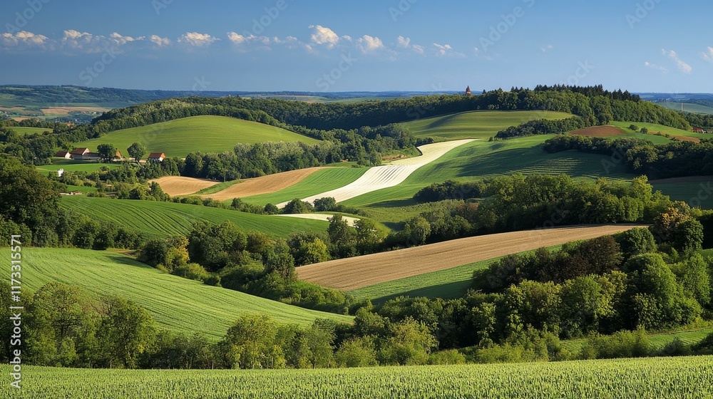 Fototapeta premium Panoramic View of Lush Rolling Hills and Fields
