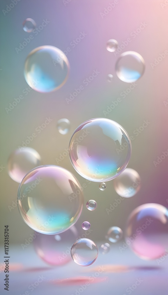 Naklejka premium Colorful translucent soap bubbles floating in pastel background with soft lighting. Pink, blue, green, and purple reflections
