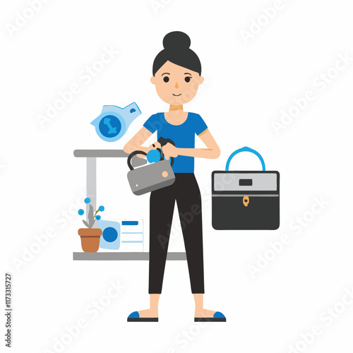 Illustration of a woman securing her valuables while organizing her workspace
