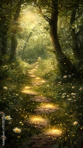 A celestial forest where glowing vines stretch across the sky like a radiant web. The forest floor is illuminated by bioluminescent moss, and magical creatures wander through, leaving glowing 