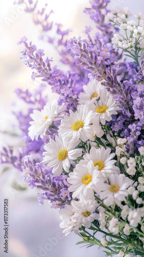 Beautiful bouquet of purple and white flowers creating a serene atmosphere indoors