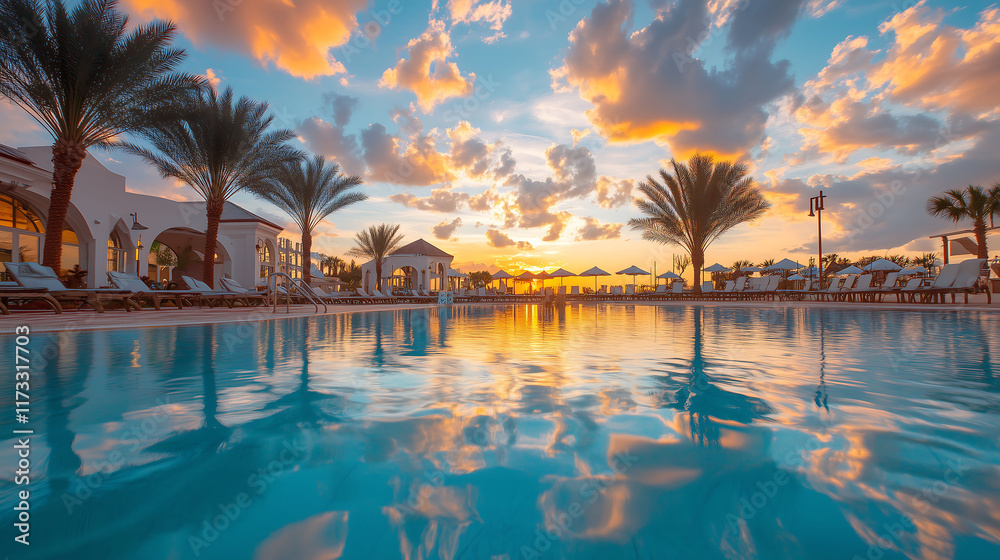 The resort's large outdoor swimming pool is sparkling, surrounded by many parasols and chairs. In the morning and evening, majestic coconut trees stand The resort's large outdoor swimming pool is sparkling, surrounded by many parasols and chairs. In the morning and evening, majestic coconut trees stand