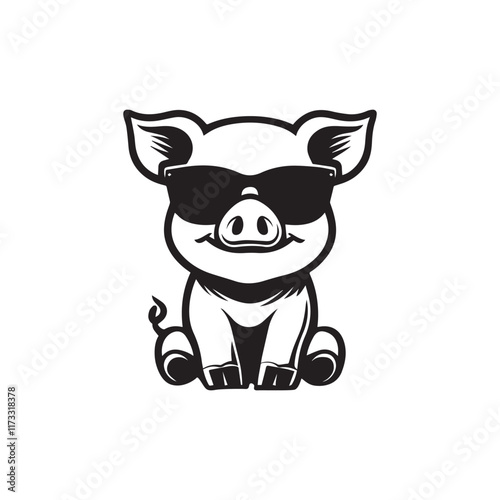 Cute baby Pig sitting wearing sunglass illustration vector, Pig clipart Design, Funny Pig Design
