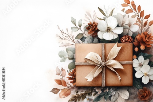 Fototapeta Naklejka Na Ścianę i Meble -  A soft watercolor painting of a kraft paper package tied with a jute bow, surrounded by pastel flowers and greenery