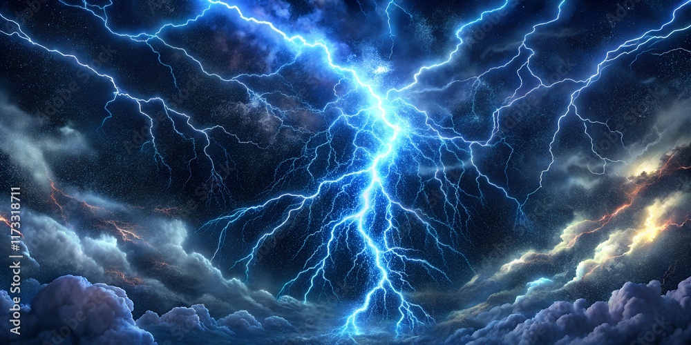 Fototapeta premium Spectacular blue lightning strike in dark clouds