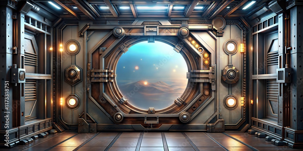 Obraz premium Elaborate steampunk window with circular glass design