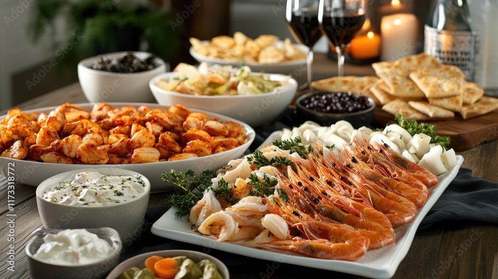 Obraz premium Tablescape featuring platters of fresh seafood and flatbread