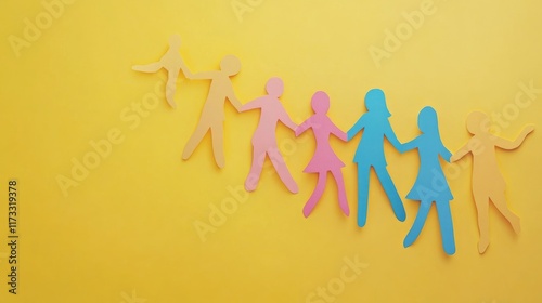 Teamwork and helping concept with paper chain cutout people holding hands on pastel yellow background. Generative AI