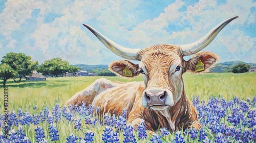 Texas Longhorn cow in spring in a field of bluebonnets