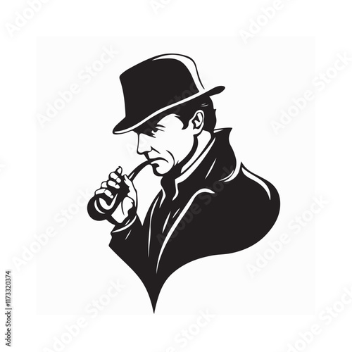 Detective Man Character Smoking Pipe image vector Stock Illustration on white background.