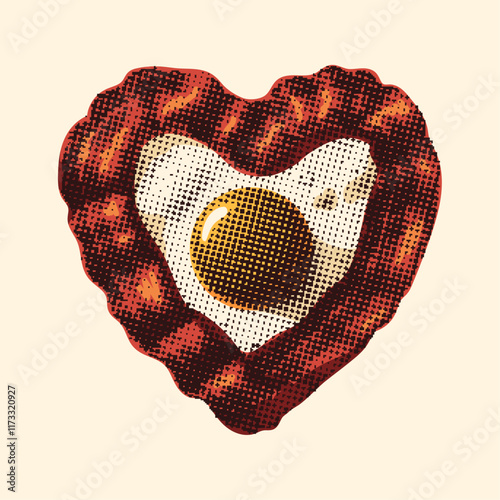 heart-shaped fried egg with a piece of cooked bacon, romantic breakfast, retro photocopy halftone style, stipple effect illustration