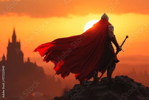 A valiant knight in shining armor standing on a hilltop at sunrise, with a castle in the background photo