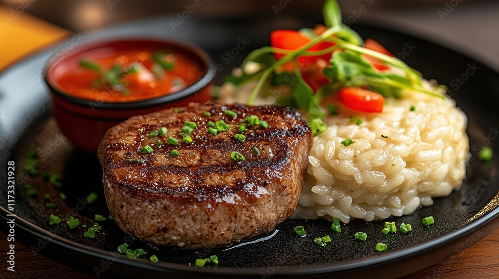 Savoring Steak and Creamy Risotto Restaurant Table Gourmet Meal Cozy Atmosphere Close-Up Culinary Delight Savoring Steak and Creamy Risotto Restaurant Table Gourmet Meal Cozy Atmosphere Close-Up Culinary Delight