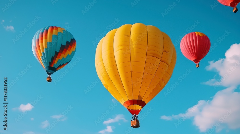 Obraz premium Vibrant Hot Air Balloons in Clear Sky Over Scenic Landscape