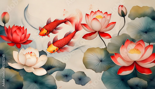 Chinese style background Illustration with red and white water lilies and fish