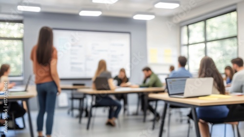 Blurred Business Meeting Presentation in Office Classroom