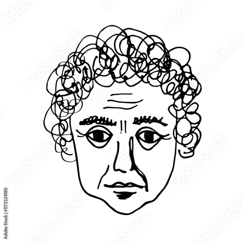 Hand drawn casual sketch of an adult man with curly hair on an isolated background. Vector illustration portrait of abstract person in grange style. Emotions and Lifestyle, calm face, character