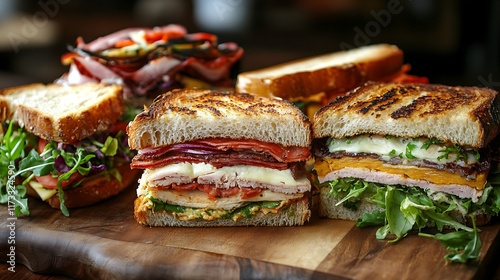 Layered gourmet sandwiches with premium ingredients, artisanal breads, and bursting flavors, presented on wooden boards with side salads