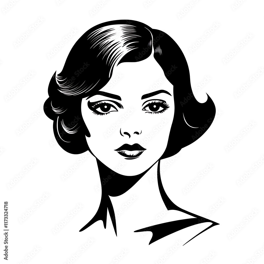 Black and white drawing of an elegant woman with short, wavy hair. Black and white drawing of an elegant woman with short, wavy hair.