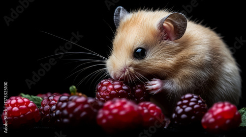 Golden funny hamster eating berry or blueberry on a dark background. Suitable for postcards, place for text. photo