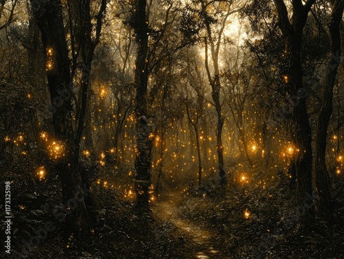 A dense jungle where glowing mechanical trees hum with energy. Robotic creatures roam the forest floor, their luminous bodies reflecting the light from radiant rivers that pulse like electric  photo