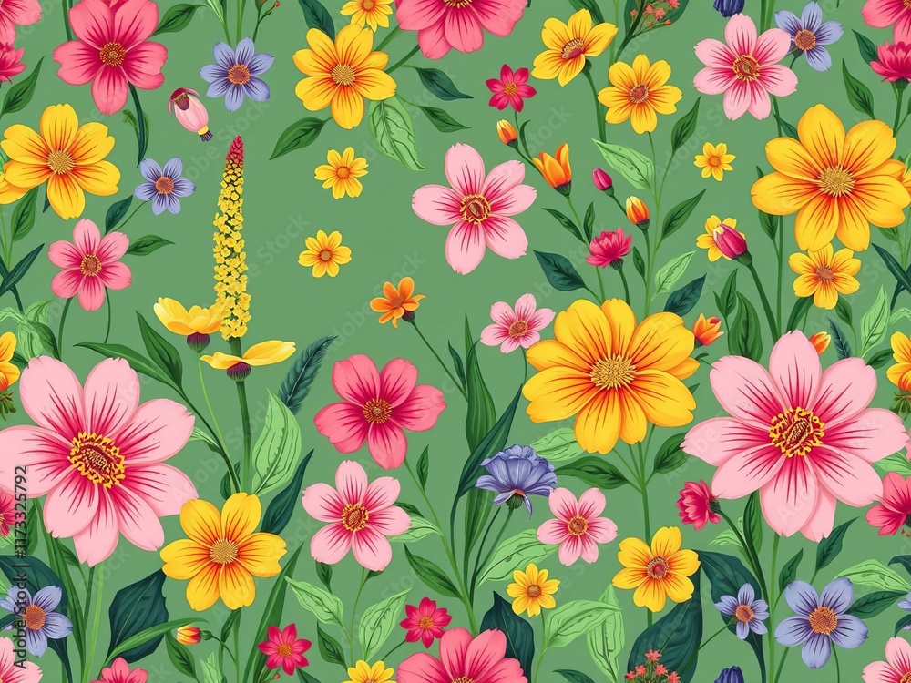 Vibrant floral pattern featuring a central yellow flower surrounded by colorful blooms, botany, petals