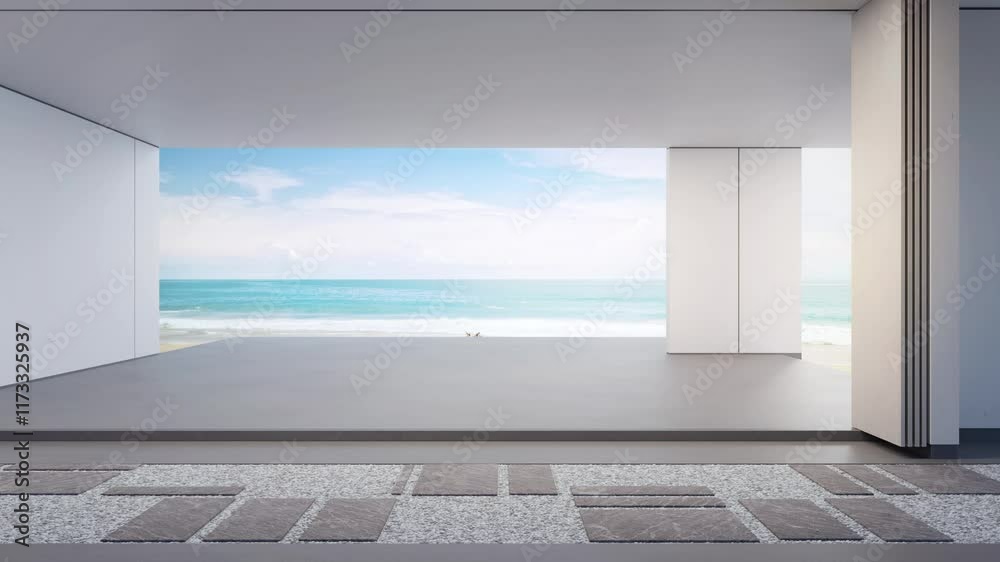 Sea view empty large living room of luxury summer beach house with terrace. Concrete floor and white wall in vacation home or holiday villa. Hotel interior 3d illustration.