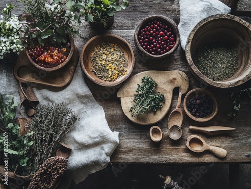 A rustic table setup featuring rare Nordic herbal infusions like cloudberries, lingonberries, and Arctic thyme, with wooden tea utensils and dried herbs on display  photo