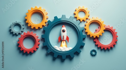 Creative illustration of rocket launching among colorful gears