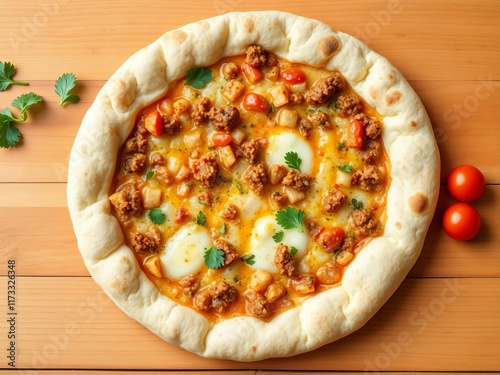 Turkish bread pide, a delicious oval-shaped bread topped with various toppings like cheese, minced meat, and vegetables, baked to perfection, Turkish bread, baking photo