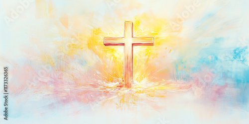 Christianity Easter, empty cross of Jesus Christ in soft blue, warm pink, and bright yellow, light mist, golden highlights, delicate pencil strokes, radiant illumination, and subtle contrasts